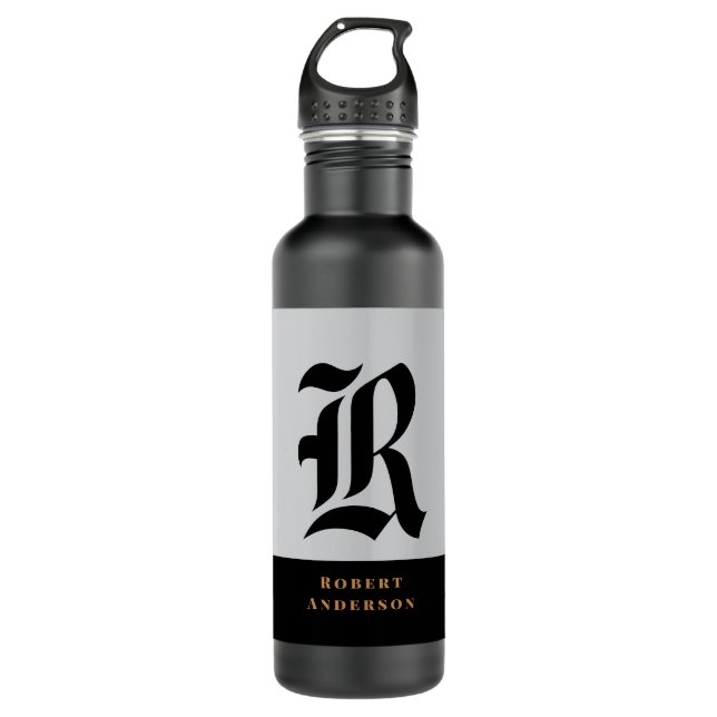 Elegant Modern Black Gold Monogrammed Stainless Steel Water Bottle (Front)