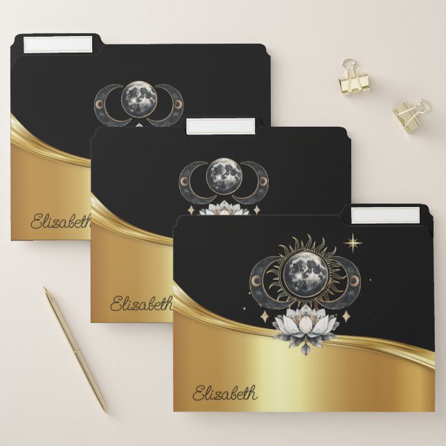 Elegant Modern Black Gold Moon Lotus File Folder (Set)