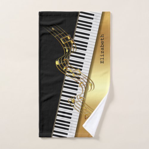 Elegant Modern Black Gold Music NotesPiano Keys  Bath Towel Set