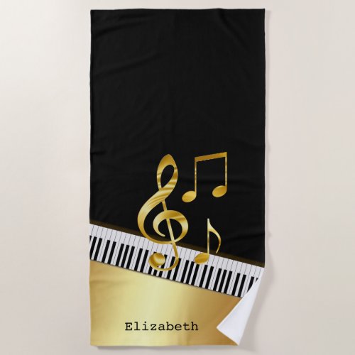 Elegant Modern Black Gold Music NotesPiano Keys   Beach Towel