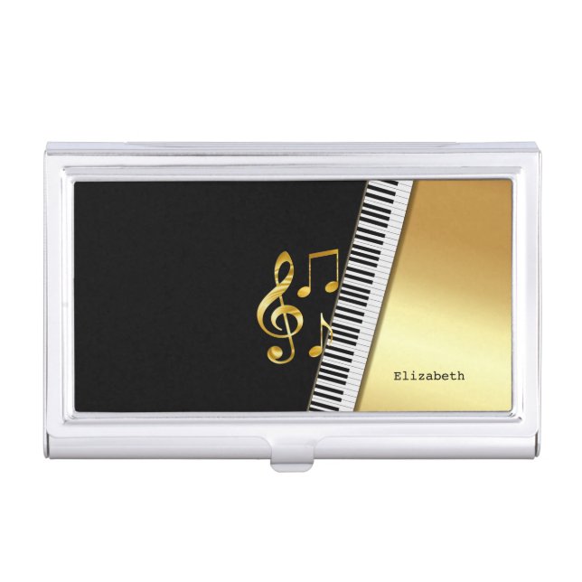 Elegant Modern Black Gold Music Notes,Piano Keys Business Card Case (Front)