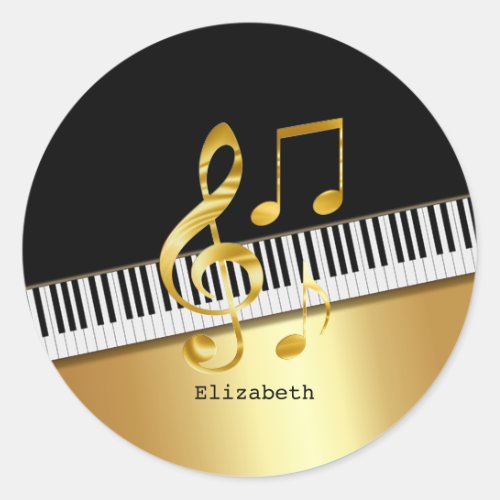 Elegant Modern Black Gold Music NotesPiano Keys   Classic Round Sticker
