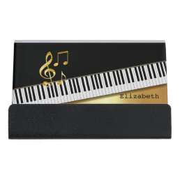 Elegant Modern Black Gold Music Notes,Piano Keys   Desk Business Card Holder
