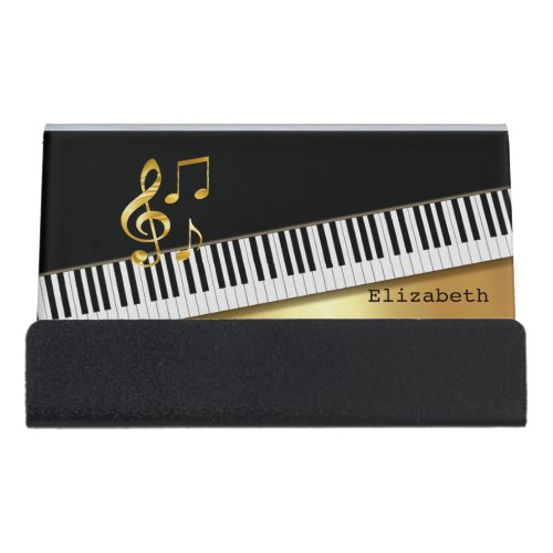 Elegant Modern Black Gold Music NotesPiano Keys   Desk Business Card Holder