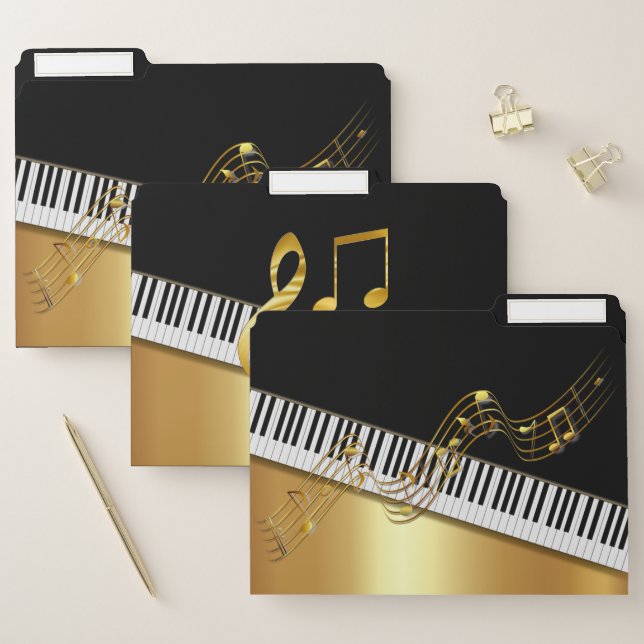 Elegant Modern Black Gold Music Notes,Piano Keys File Folder (Set)