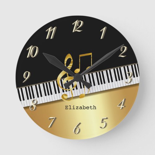 Elegant Modern Black Gold Music NotesPiano Keys   Round Clock