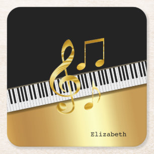 Elegant Modern Black Gold Music Notes,Piano Keys Square Paper Coaster