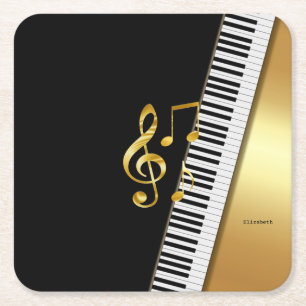 Elegant Modern Black Gold Music Notes,Piano Keys Square Paper Coaster
