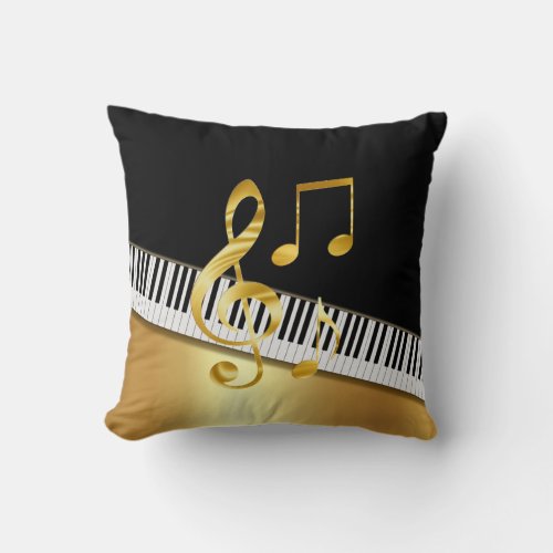 Elegant Modern Black Gold Music NotesPiano Keys  Throw Pillow