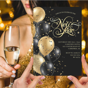 Elegant Modern Black Gold New Years Eve Invitation