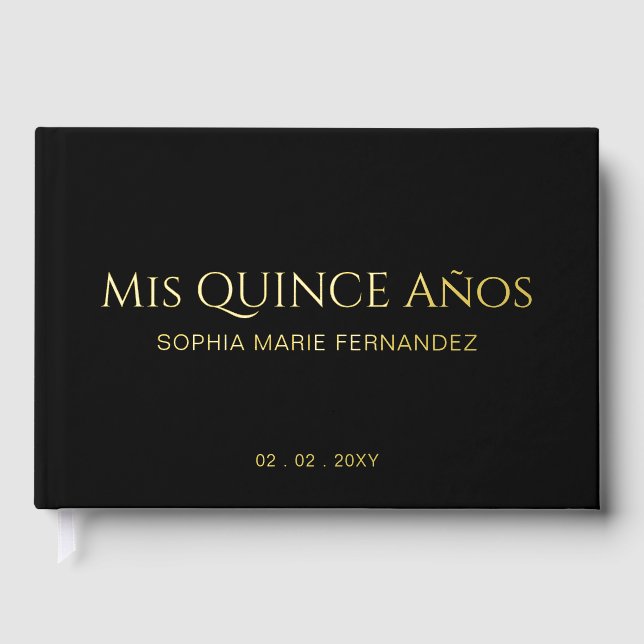 Elegant Modern Black Gold Photo Quinceañera Foil Guest Book (Front)