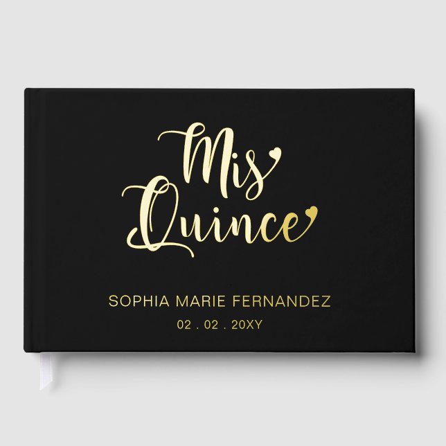 Elegant Modern Black Gold Photo Quinceañera Foil Guest Book (Front)