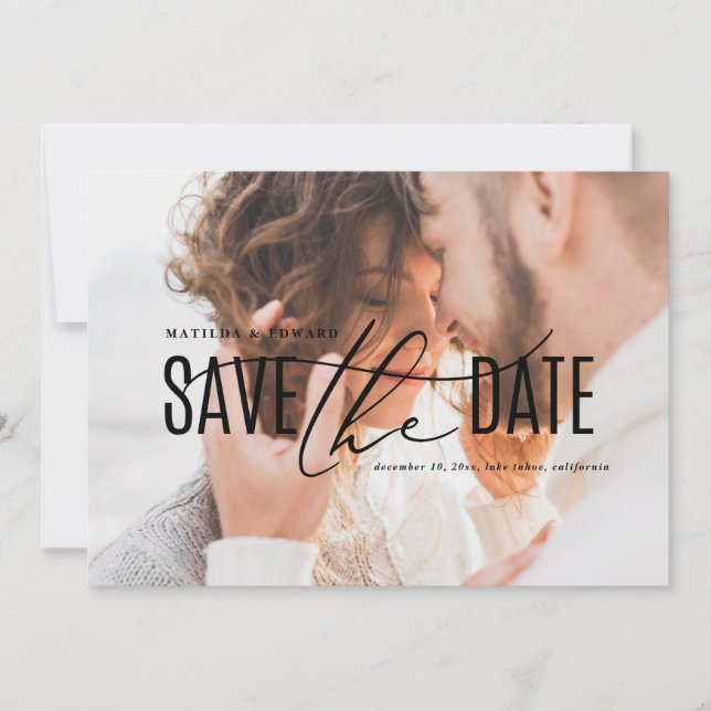 Elegant modern black & gold photo save the date (Front)