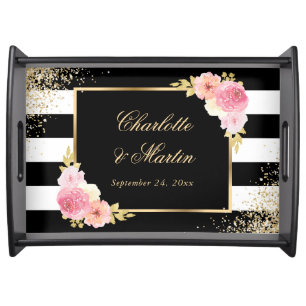 Elegant Modern Black Gold Pink Floral Newlyweds Serving Tray