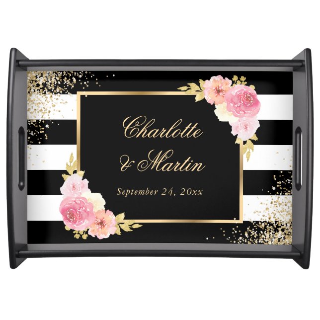 Elegant Modern Black Gold Pink Floral Newlyweds Serving Tray (Front)