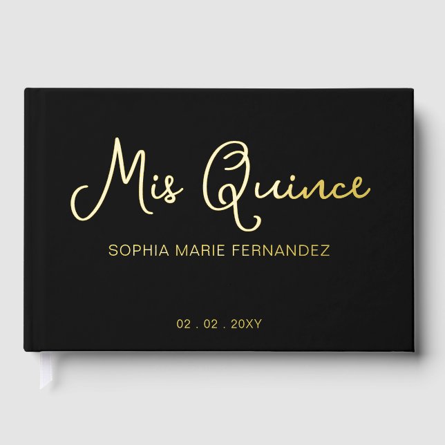 Elegant Modern Black Gold Quinceañera Foil Guest Book (Front)