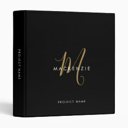 Elegant Modern Black Gold Script Monogram 3 Ring Binder