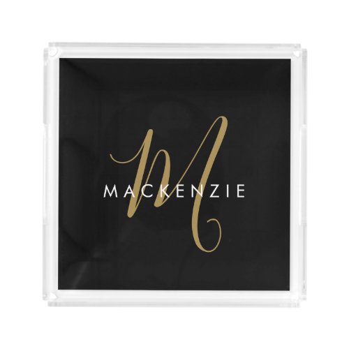 Elegant Modern Black Gold Script Monogram Acrylic Tray