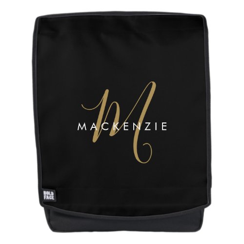 Elegant Modern Black Gold Script Monogram Backpack