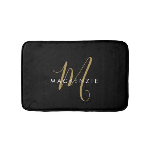 Elegant Modern Black Gold Script Monogram Bath Mat