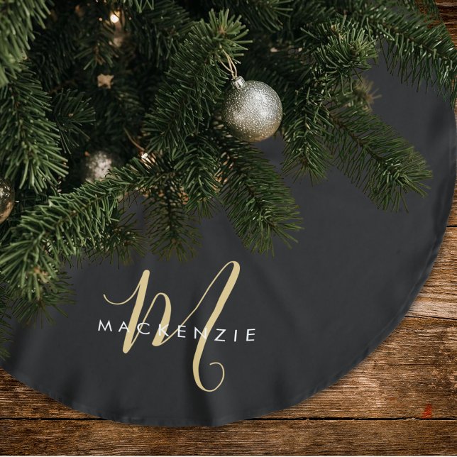 Elegant Modern Black Gold Script Monogram Brushed Polyester Tree Skirt (Creator Uploaded)