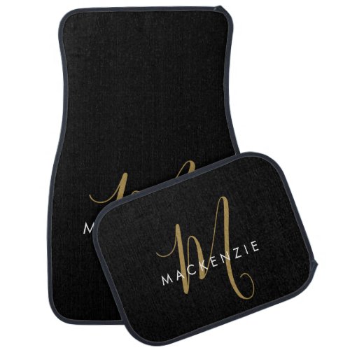 Elegant Modern Black Gold Script Monogram Car Floor Mat