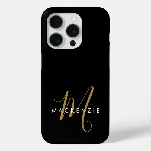 Elegant Modern Black Gold Script Monogram iPhone 15 Pro Case