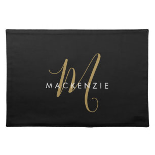 Elegant Modern Black Gold Script Monogram Cloth Placemat