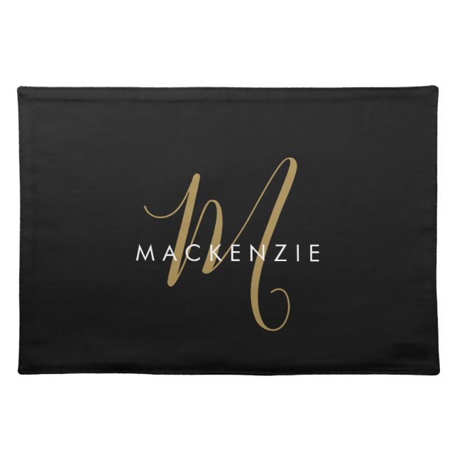 Elegant Modern Black Gold Script Monogram Cloth Placemat (Front)