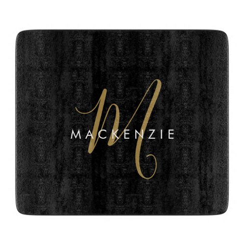 Elegant Modern Black Gold Script Monogram Cutting Board