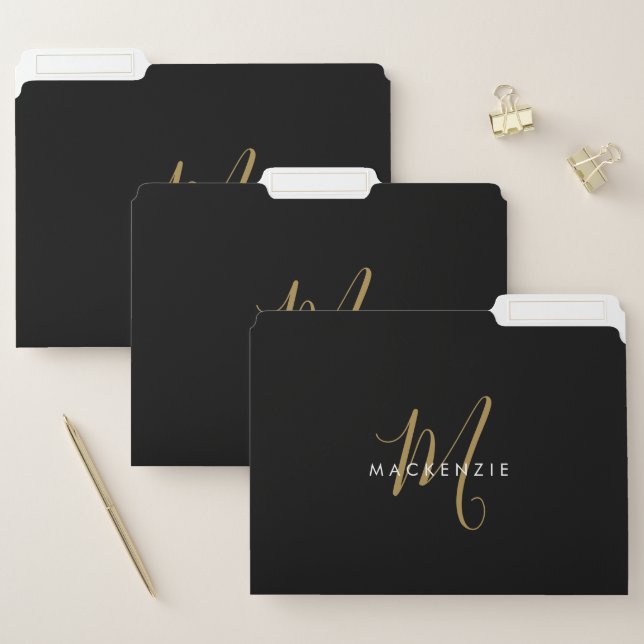 Elegant Modern Black Gold Script Monogram File Folder (Set)