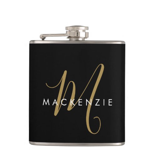 Elegant Modern Black Gold Script Monogram Flask