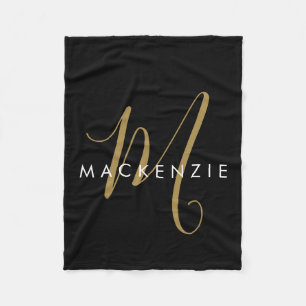 Elegant Modern Black Gold Script Monogram Fleece Blanket