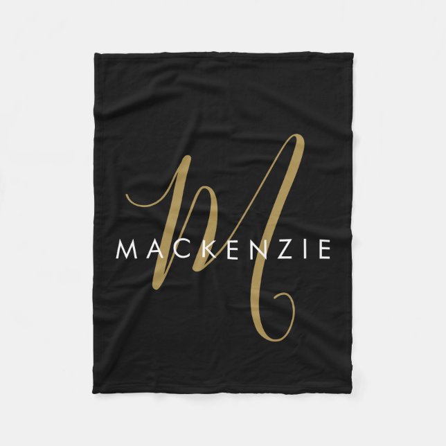 Elegant Modern Black Gold Script Monogram Fleece Blanket (Front)