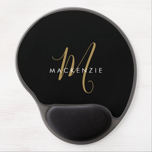 Elegant Modern Black Gold Script Monogram Gel Mouse Pad