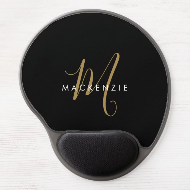 Elegant Modern Black Gold Script Monogram Gel Mouse Pad (Front)