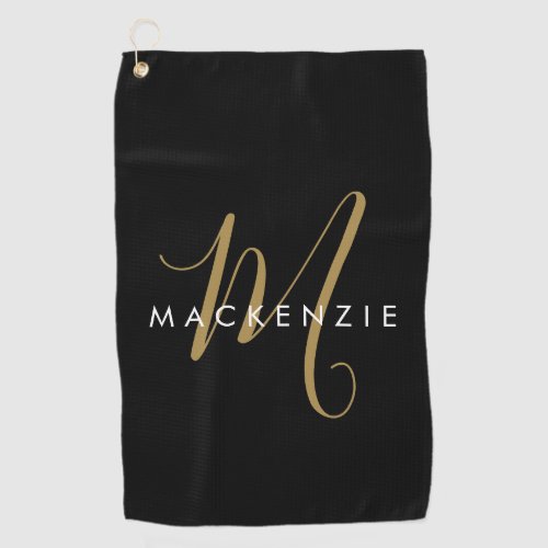 Elegant Modern Black Gold Script Monogram Golf Towel