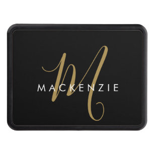 Elegant Modern Black Gold Script Monogram Hitch Cover