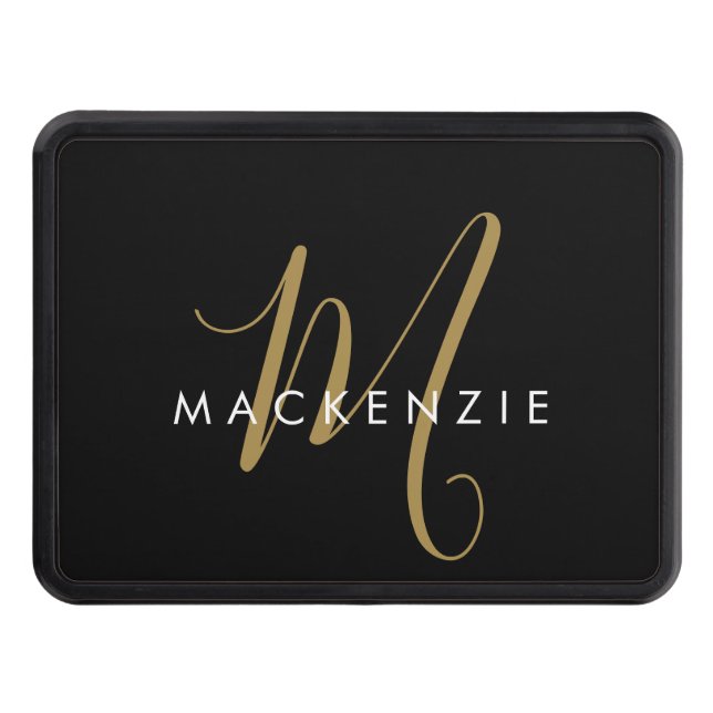 Elegant Modern Black Gold Script Monogram Hitch Cover (Front)