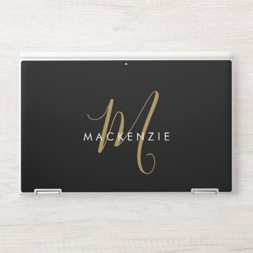 Elegant Modern Black Gold Script Monogram HP Laptop Skin