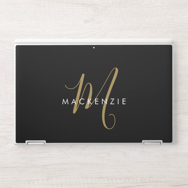 Elegant Modern Black Gold Script Monogram HP Laptop Skin (Front)