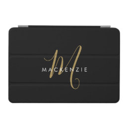 Elegant Modern Black Gold Script Monogram iPad Mini Cover