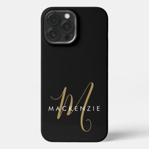 Elegant Modern Black Gold Script Monogram iPhone 13 Pro Max Case