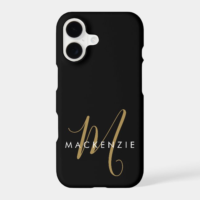 Elegant Modern Black Gold Script Monogram iPhone Case (Back)