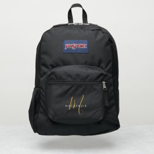 Elegant Modern Black Gold Script Monogram JanSport Backpack