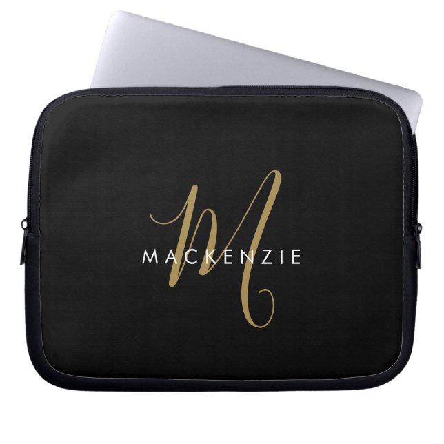 Elegant Modern Black Gold Script Monogram Laptop Sleeve (Front)