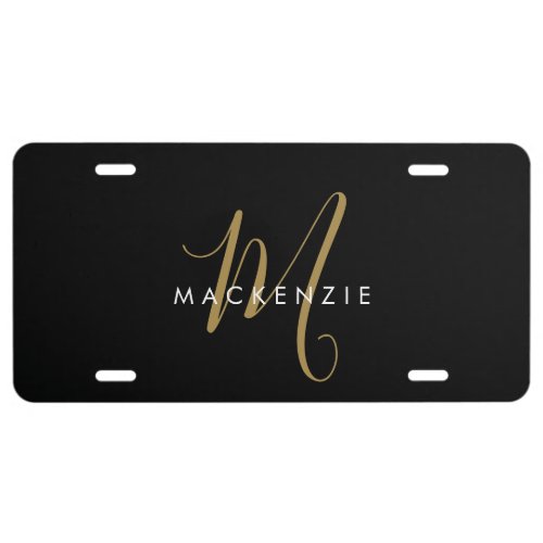 Elegant Modern Black Gold Script Monogram License Plate