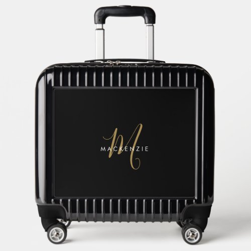 Elegant Modern Black Gold Script Monogram Luggage