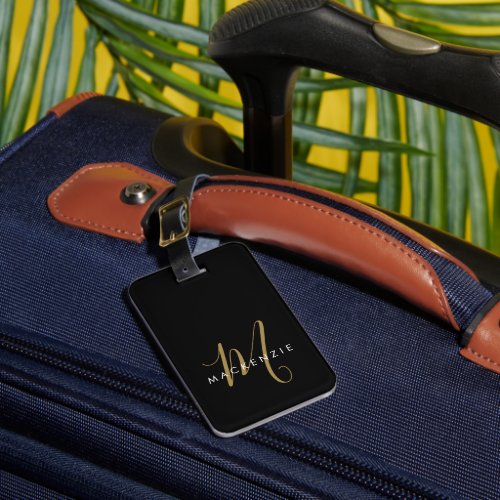 Elegant Modern Black Gold Script Monogram Luggage Tag