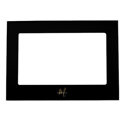 Elegant Modern Black Gold Script Monogram  Magnetic Frame